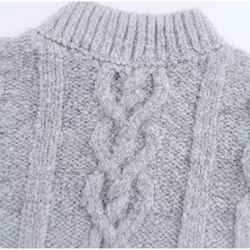 Vintage Beading Twist Pullover Women Knit Gray Long Sleeve High Collar Sweater Lady 2025 High Street Lady All-matching Knitwear