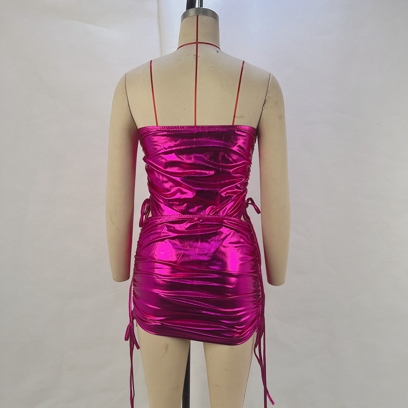 Metallic Coated Fabric Fall Women Clothing Drawstring Jumpsuit Drawstring Hip Skirt Women Suit