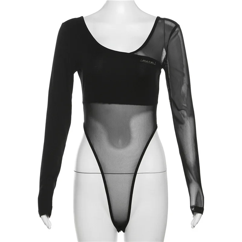 Black See Through Bodysuit Lingerie Sexy Long Sleeve Lenceria Femenina V-Neck One-Pieces Body Feminino Backless Tops For Women