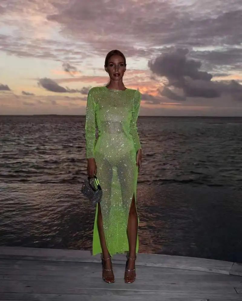 Sexy See Though Shiny Silk Dress Pink High Waist Slit Slim Fit Long Party Dresses Fashion Solid Sequins Elegant Dress for Women