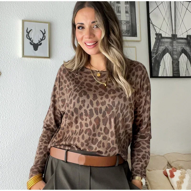 Leopard Knit Pullover Women Casual Loose Round Neck Long Sleeves Sweater Tops 2025 Spring Summer Fashion Lady Y2K Streetwear