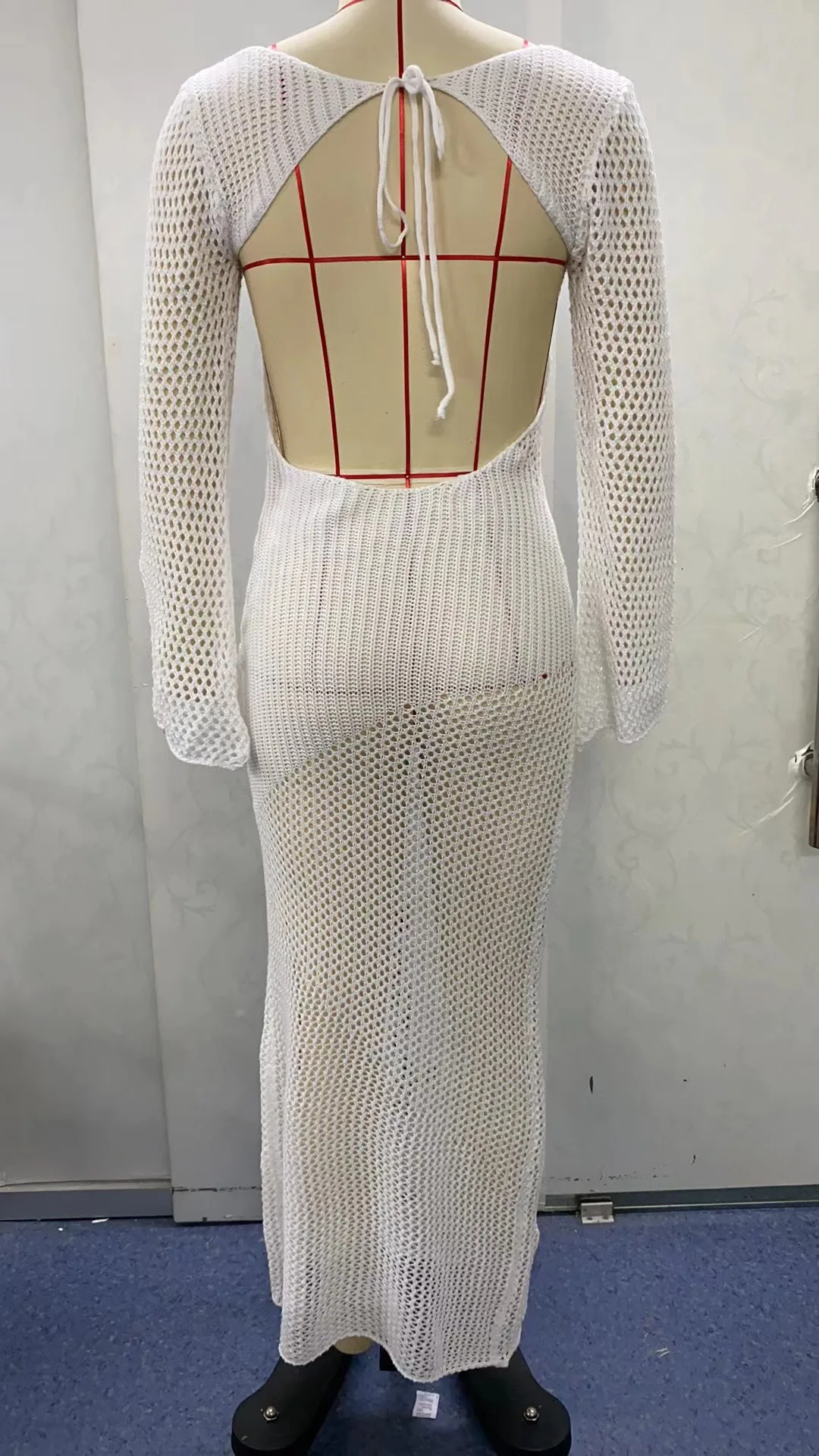 Hollow Out Knit See-Through Maxi Dress Female Patchwork Backless Lace-Up Slim Fashion Beach Holiday Knitwear Women Dress