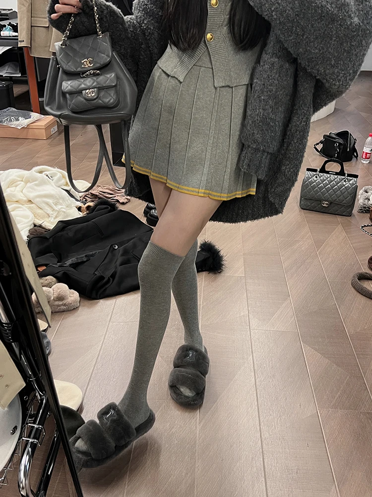 Autumn Knitted Two Piece Skirt Set Women Long Sleeve Single Breasted V-neck Top Mini Pleated Skirt Korean Chic Female Outfit New