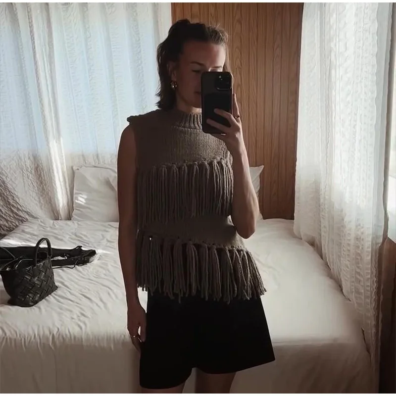 Street Tassel Knitted Vest Sweater For Women Half-high Collar Sleeveless Slim Fit Tank Top Female 2025 Spring Lady Soft Outwear