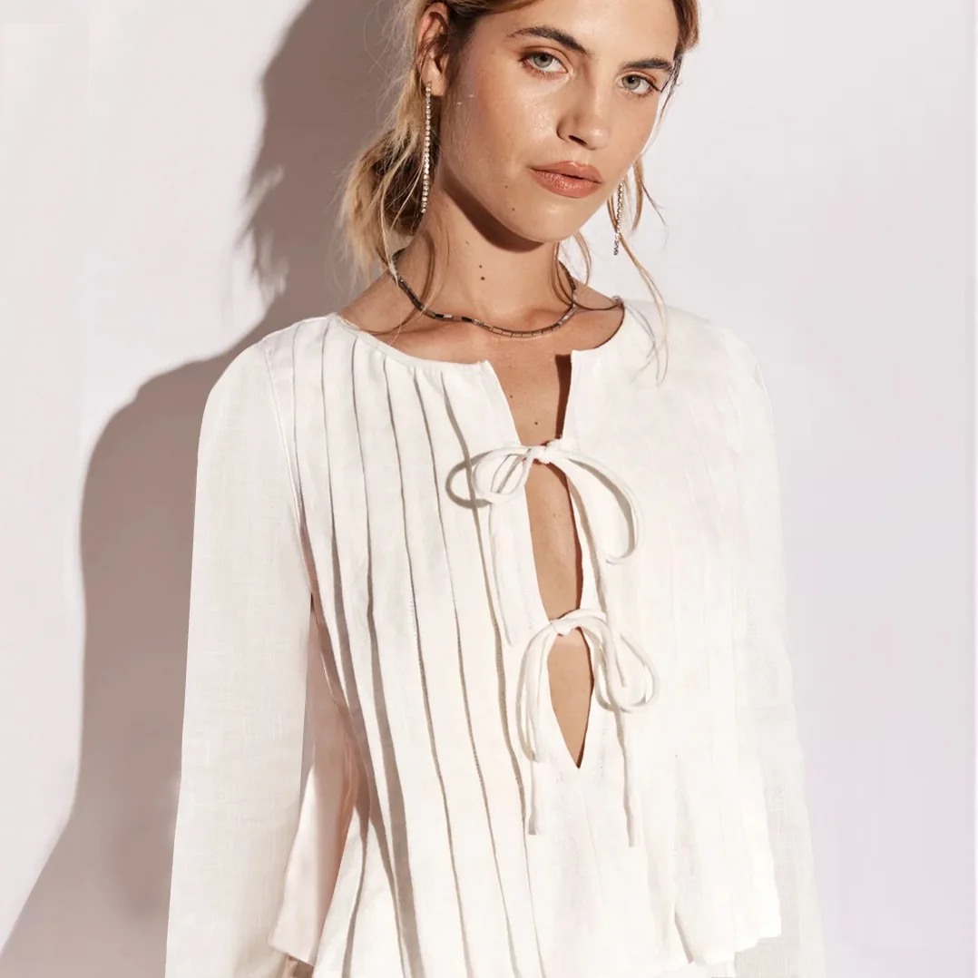 Patchwork Fashion Lace-Up Shirts Top For Women Hollow Out Casual Bandage Solid Elegant Long Sleeve Top Female Cropped Tee