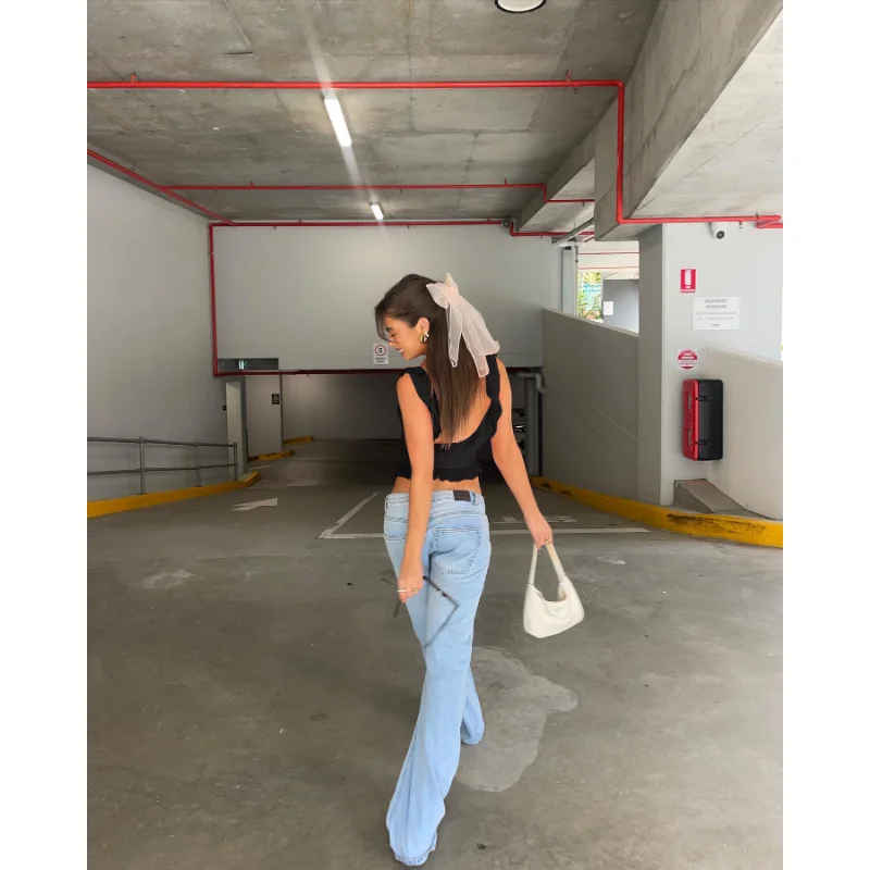 Casual Backless Ruffled Y2k Top Vest Patchwork Strapless High Street Top Fashion Cute Solid Scoop Neck Tank Top Pullover