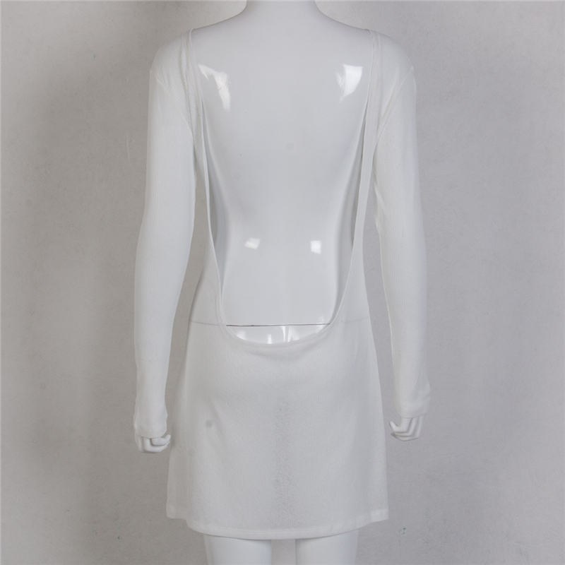 Backless White Dress Women Sheer Transparent Round Neck Long Sleeve Knitted Bodycon Dress Sexy Party Dresses Beachwear