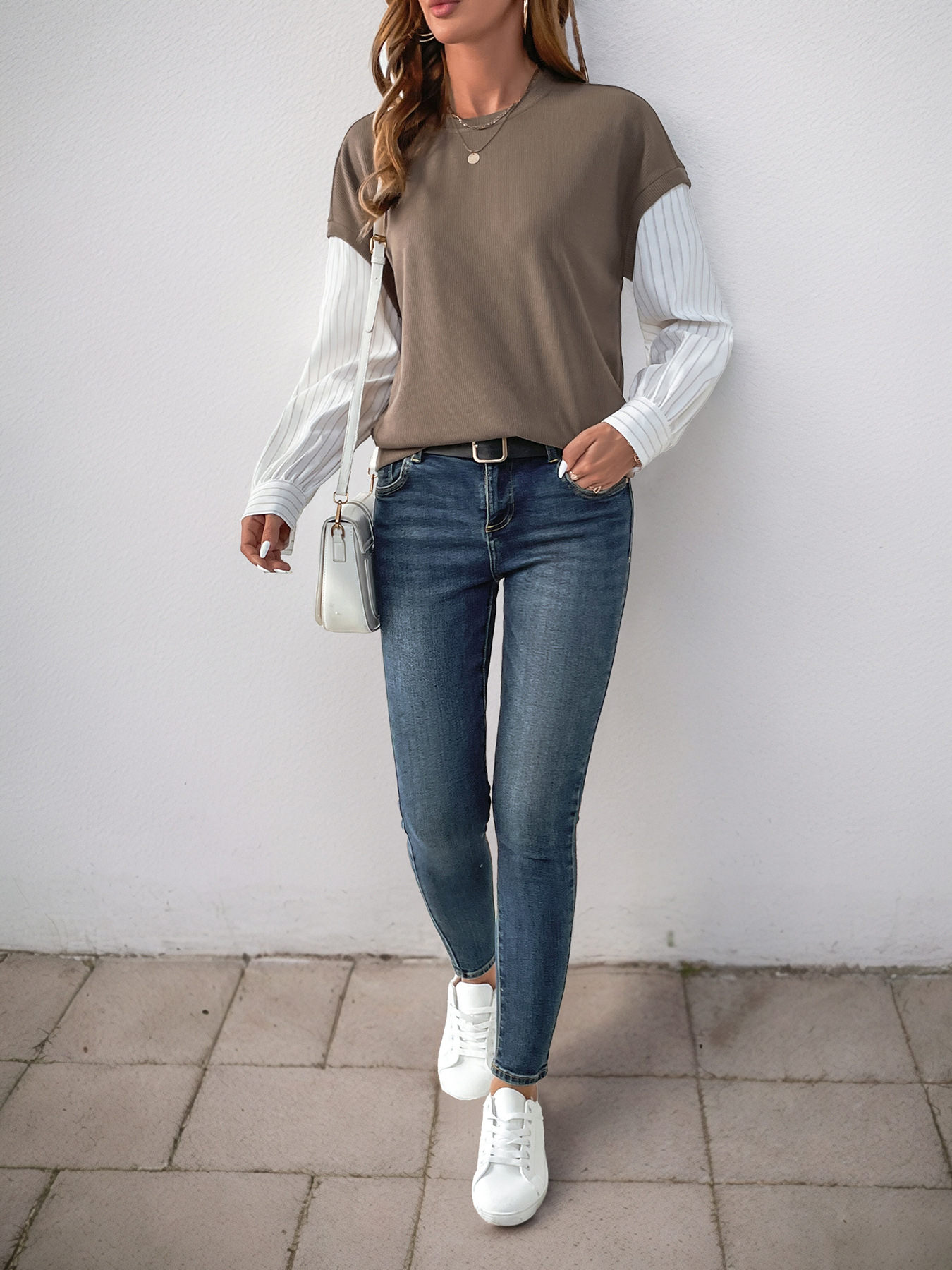 Autumn Casual Long Sleeve Faux Two Piece Color Matching Knitted round Neck Sweatshirt