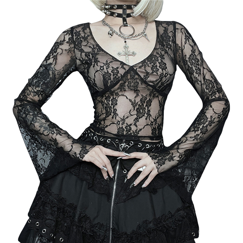 Cyber y2k Tops Women Aesthetic See Through Floral Lace Flared Long Sleeve T Shirt 2000s Goth Grunge Clothing Streetwear