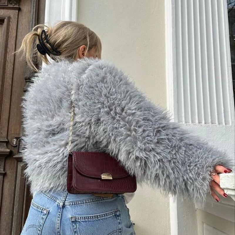Exclusive Winter Ins Hot Brand Blogger Fashion Fuzzy Cropped Faux Fur Women Chic Streetwear Girls Lamb Fur Jacket