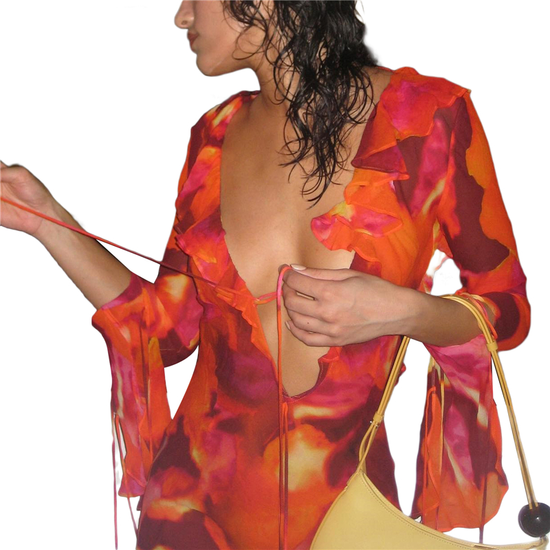 Tie Dye Dresses for Women Tie Up Ruffles Deep V Neck Backless Cocktail Bodycon Dress y2k Beach Party Dresses Clubwear