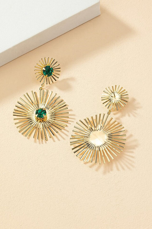 Exaggerated Emerald Rhinestone Line Metal Earrings