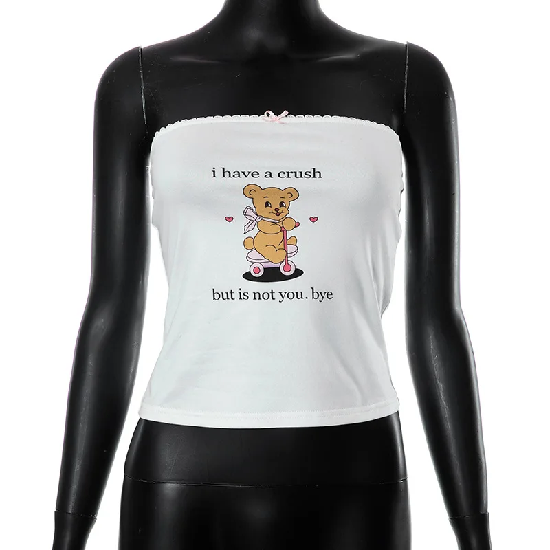 Summer White Sleeveless Corset Top Cute Bear Letter Printed Crop Top Sexy Slim Women Clothing Fashion Bow Lace Hot Ropa De Mujer