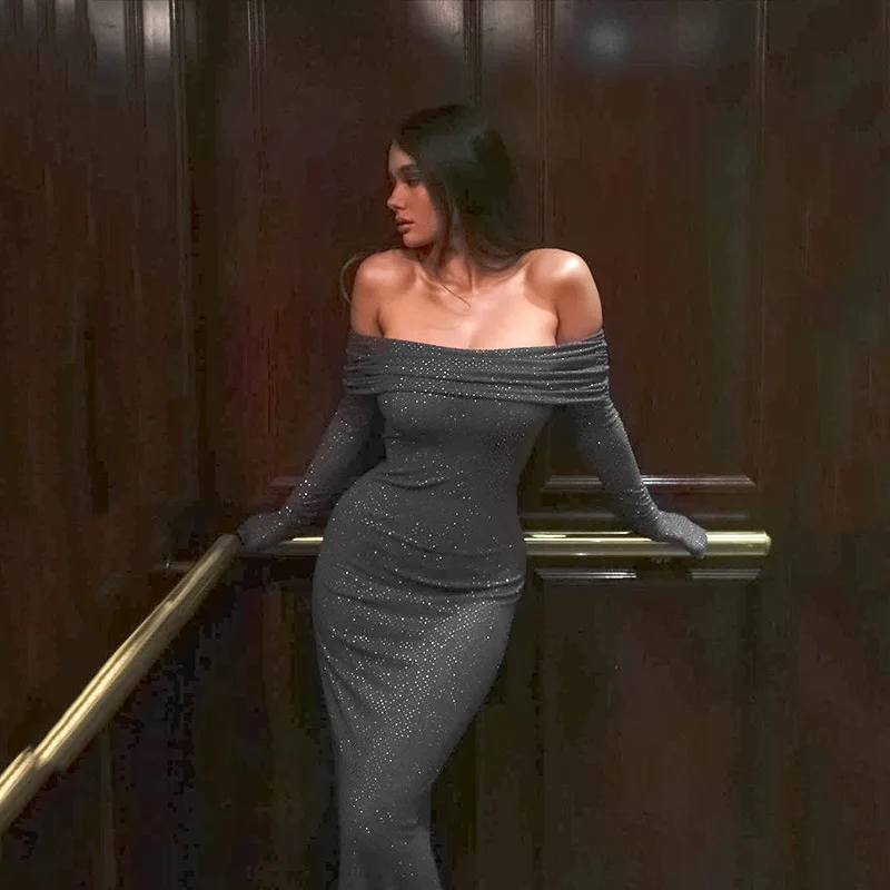 Sexy Buttocks Wrapped Long Dress For Women Fashion Temperament Ironing Board Slim One Line Neck Party Evening Dress