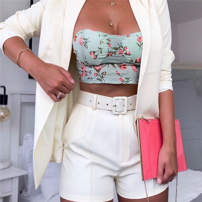 Top Shorts Suit with belt Sexy Women Casual Polo Collar Cardigan