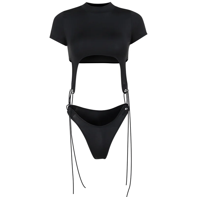 Short Sleeve Bodysuit, Mock Neck Women Y2k Clothes, Hollow Out One-Piece Body Feminino, Lace Up Club Outfits, Sexy Lingerie