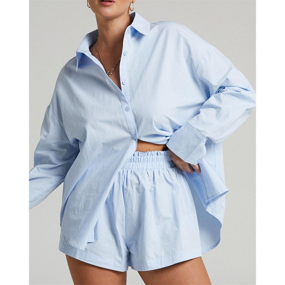 Spring Summer Two Piece Set Solid Color Single Breasted Long Sleeve Collared Shirt Shorts Loose Casual Set