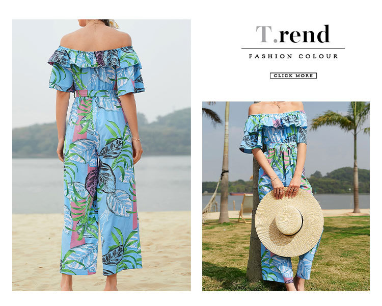 Women Clothing Fashion off-Shoulder Floral Jumpsuit Summer Short Sleeve Chiffon Vacation Beach Jumpsuit