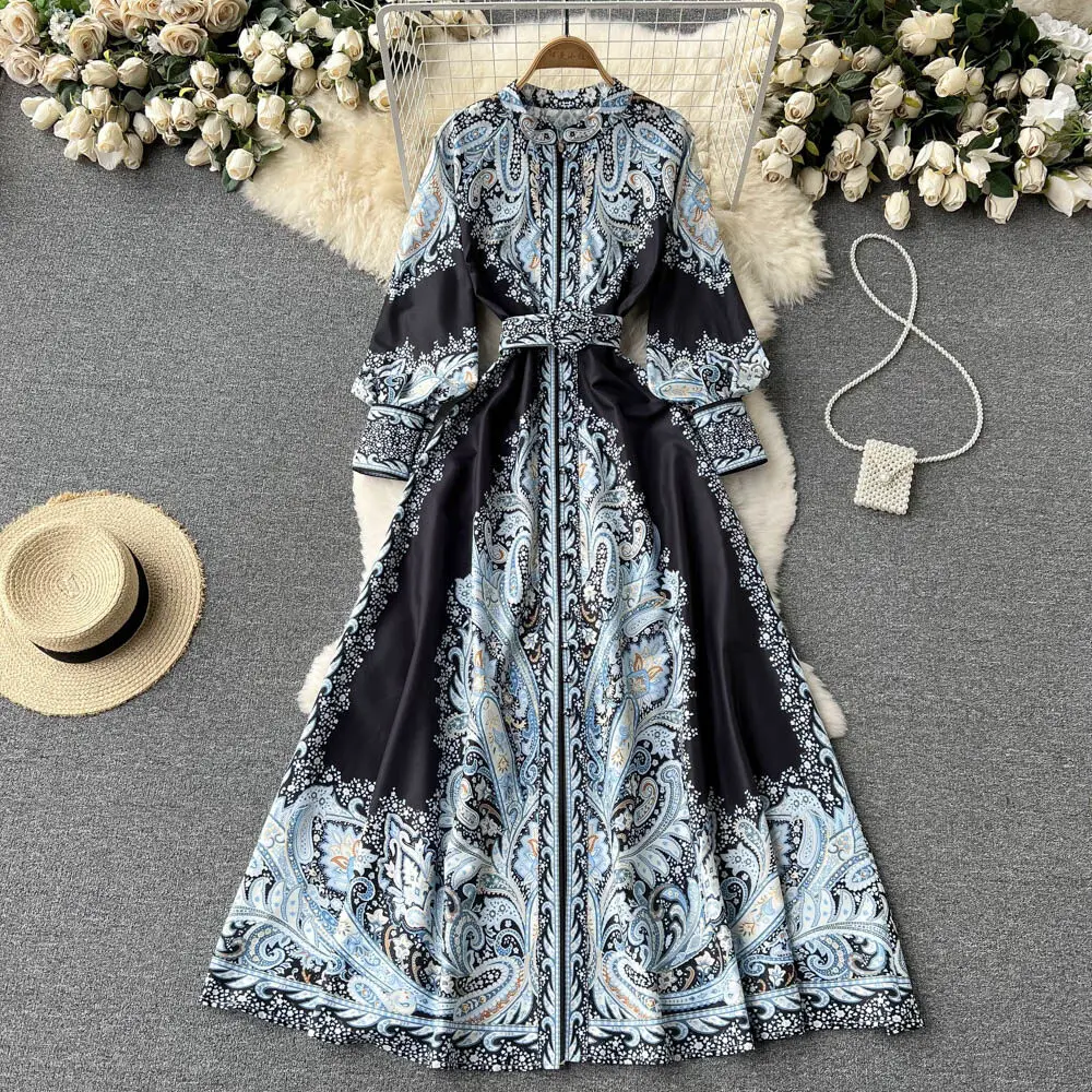 New Women Vintage Party Dress Fashion Long Sleeve Single Breasted Stand Collar Elegant Printed Long Dresses Spring Autumn Robe
