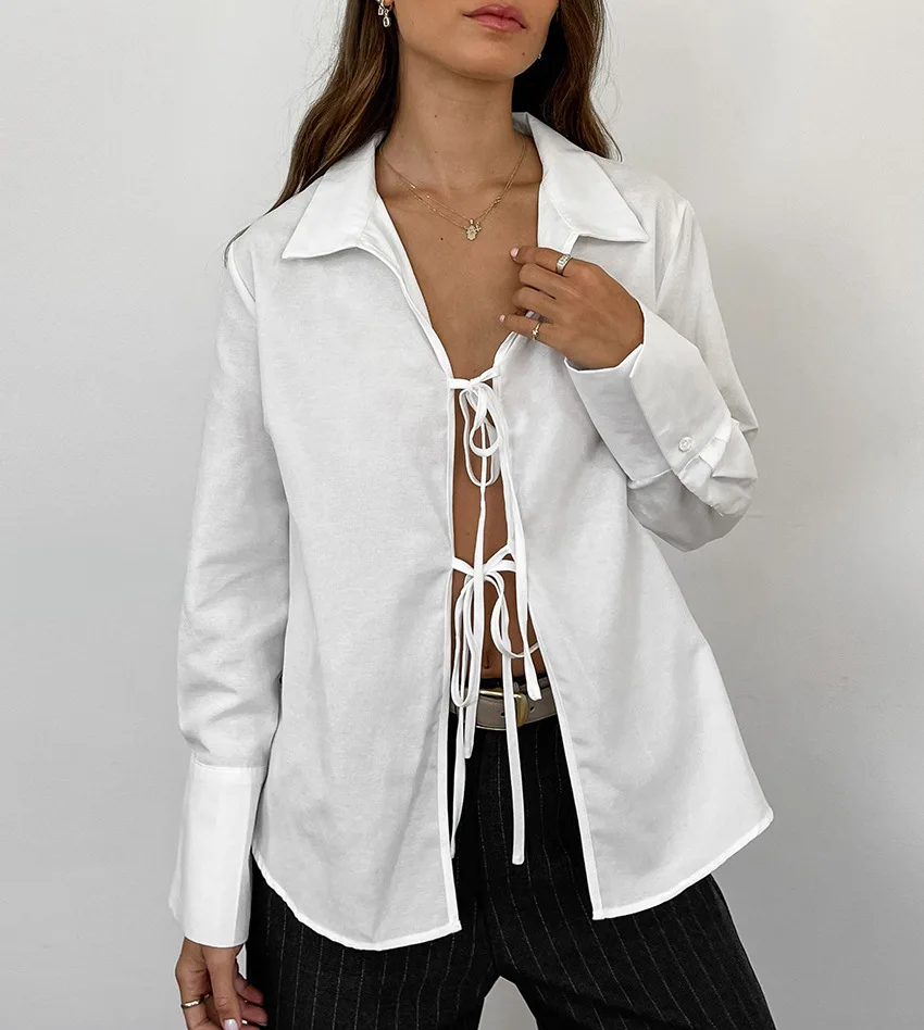 Women's Long Sleeve Shirt Hollow Lace Up Solid Color Casual Fashion Top Commuting Patchwork Women's Shirt Cardigan Top