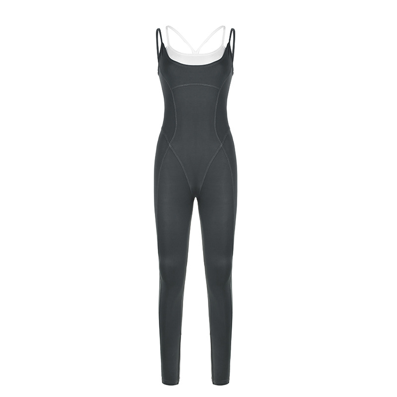 Sports Fashionable Women Clothing Faux Two Piece Split Fitness Yoga Straps Tight Jumpsuit Casual Trousers