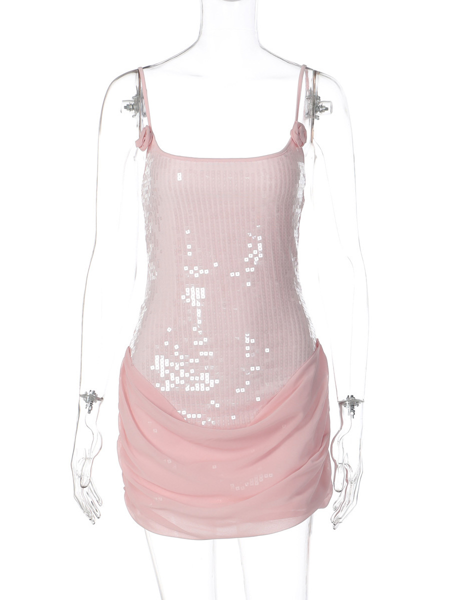 Rose Detail Sequin Square Neck Bodycon Mini Party Dress For Women 2026