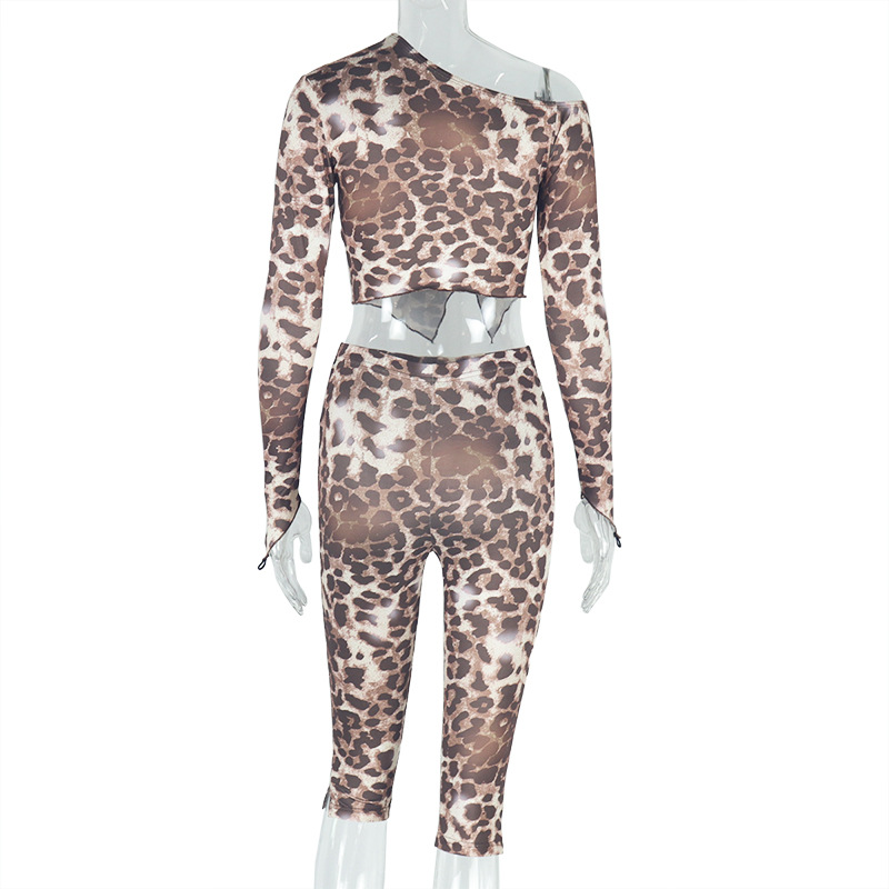 Women's Wear Leopard Print Micro Transparent Blouse Pants Asymmetric off Shoulder Long Sleeve Top Short Pants Two Pieces
