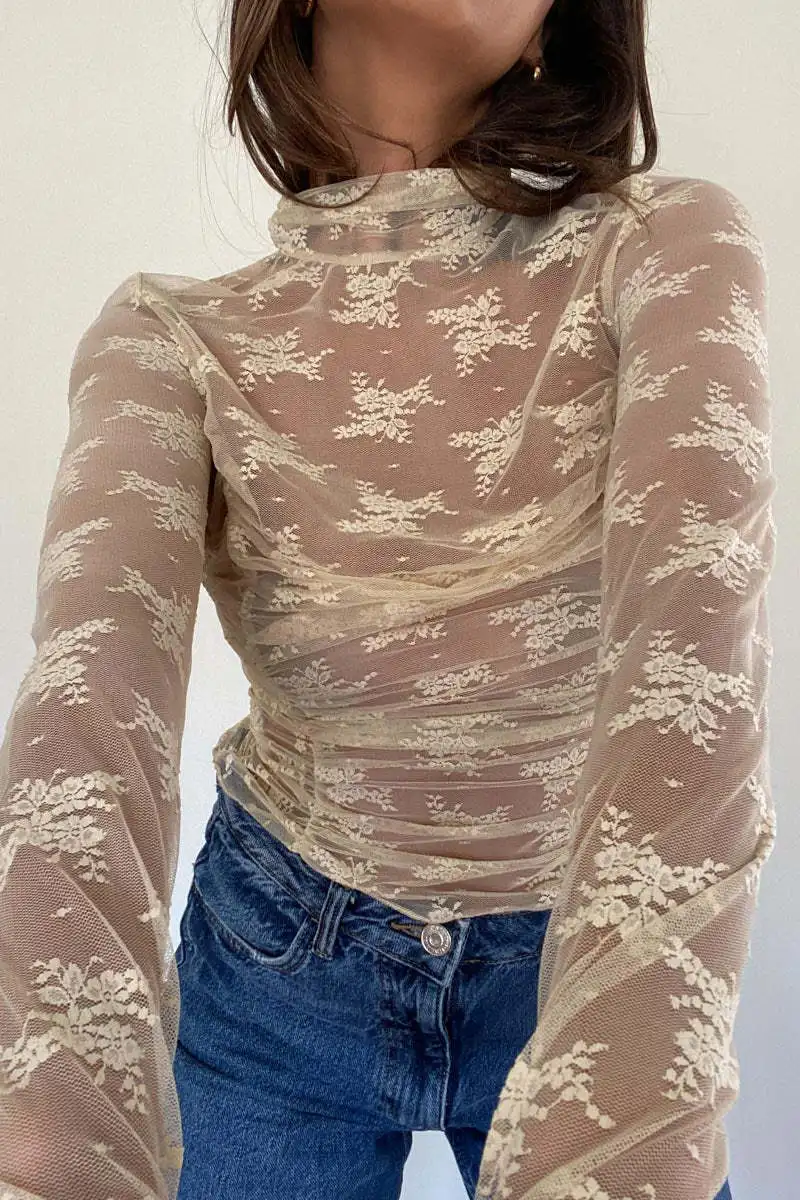 See-Through Lace Mesh T-shirt For Women Long Sleeve Printed Fashion Sexy Summer Contrast Pullover Female Slim Tee Top