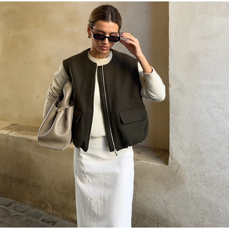 Street Zipper Waistcoat For Women Zipper O-neck Sleeveless Thick Warm Vest Top Female 2025 Spring Lady All-matching Outwear New