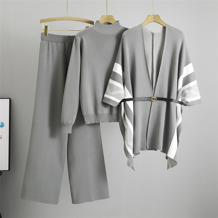 Spring Women Graceful Fashionable Knitted Shawl Cardigan Turtleneck Sweater Wide Leg Pants Three Piece Set