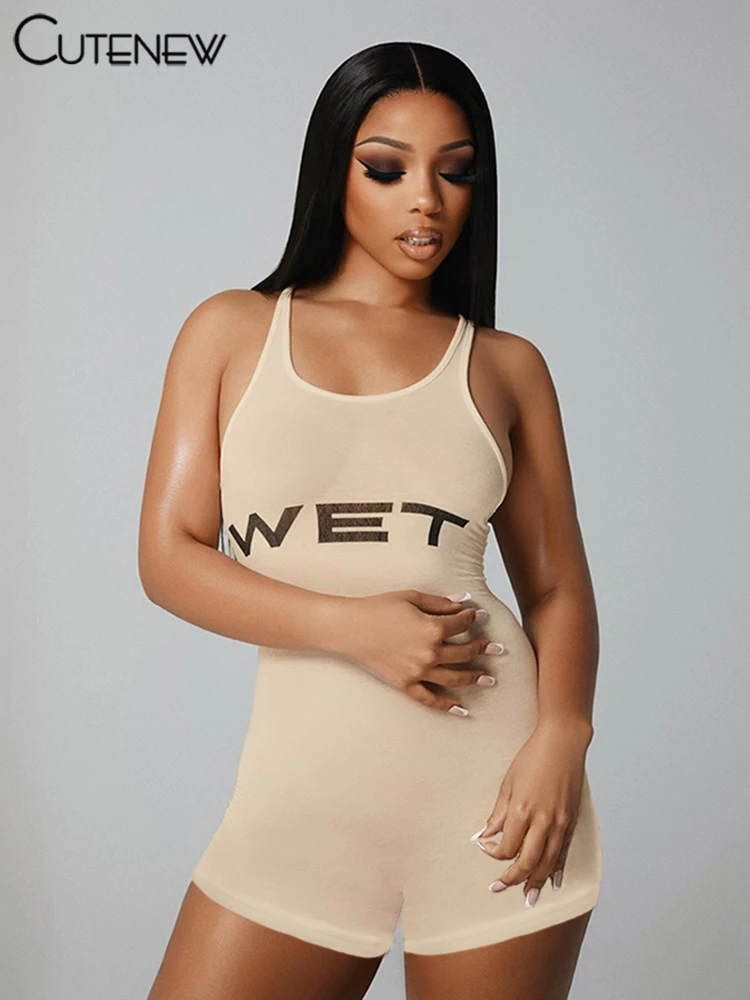 Letter Print Playsuits Women Concise Casual Summer Tank Style O-neck Slim Rompers Female Sporty Style Basic One Piece
