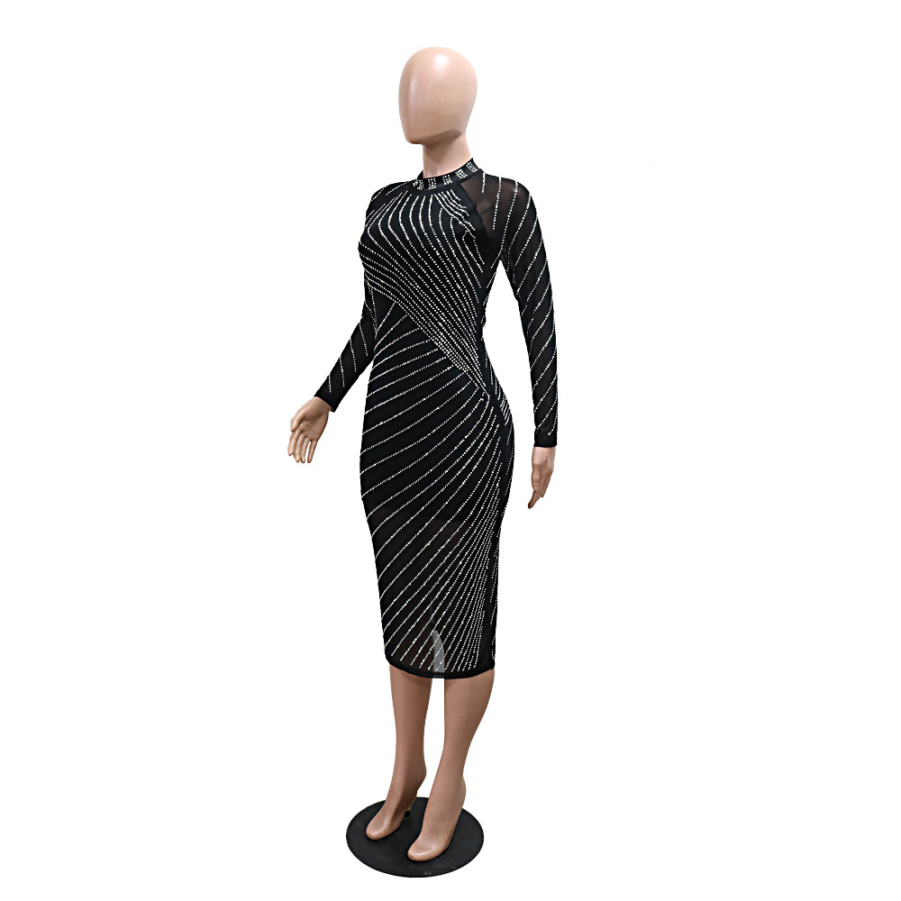Women Wear Drilling Slim Fit Long Sleeve Narrow Slim Fit Dress