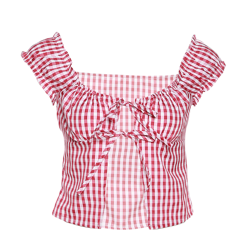 Fairy Grunge Plaid Crop Top Summer Women Short Sleeve Tie Up Bandage Vest Kawaii Off Shoulder T Shirt Female Clothes