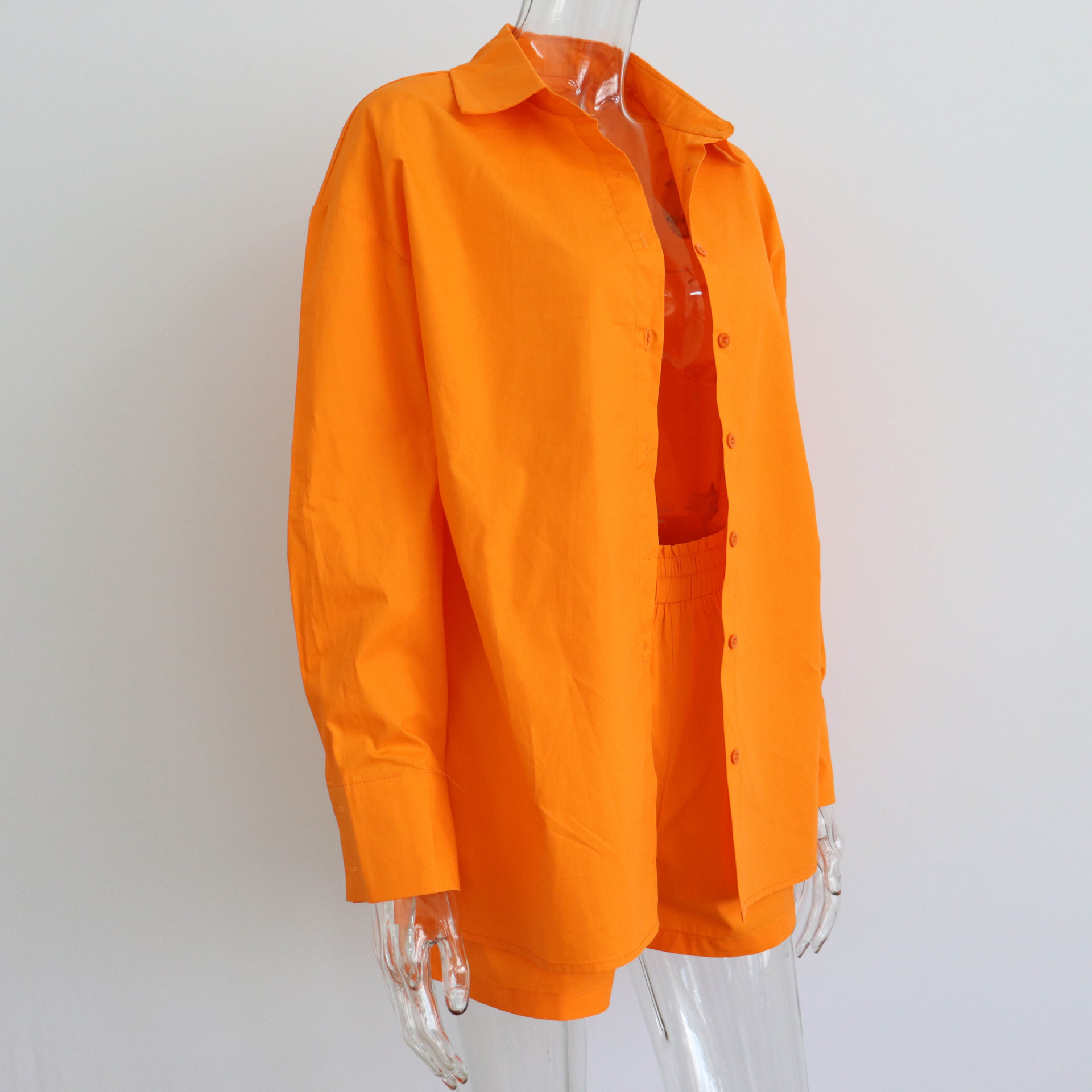 Spring Summer Two Piece Set Solid Color Single Breasted Long Sleeve Collared Shirt Shorts Loose Casual Set