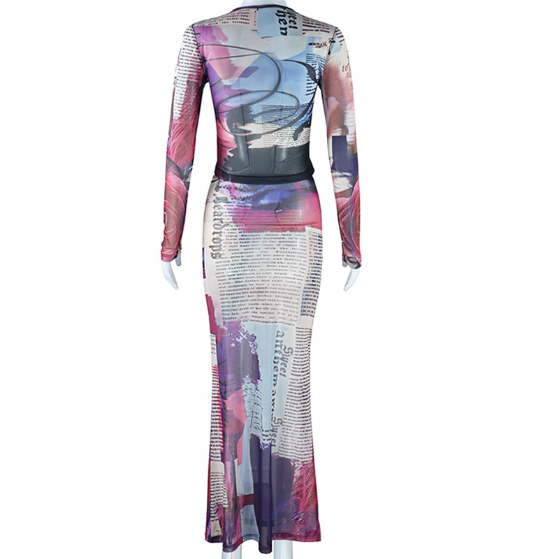 Sexy See through Mesh Suit round Neck Print Long Sleeves Short Top Sheath Slim Fit Skirt Two Pieces Women