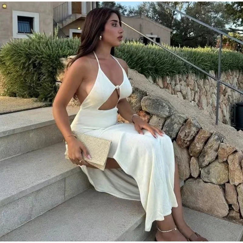 Women Knit Halter Maxi Dress Backless Lace Up V Neck Cutout Bodycon Long Dresses 2025 Summer Vacation Party Holiday Robes New