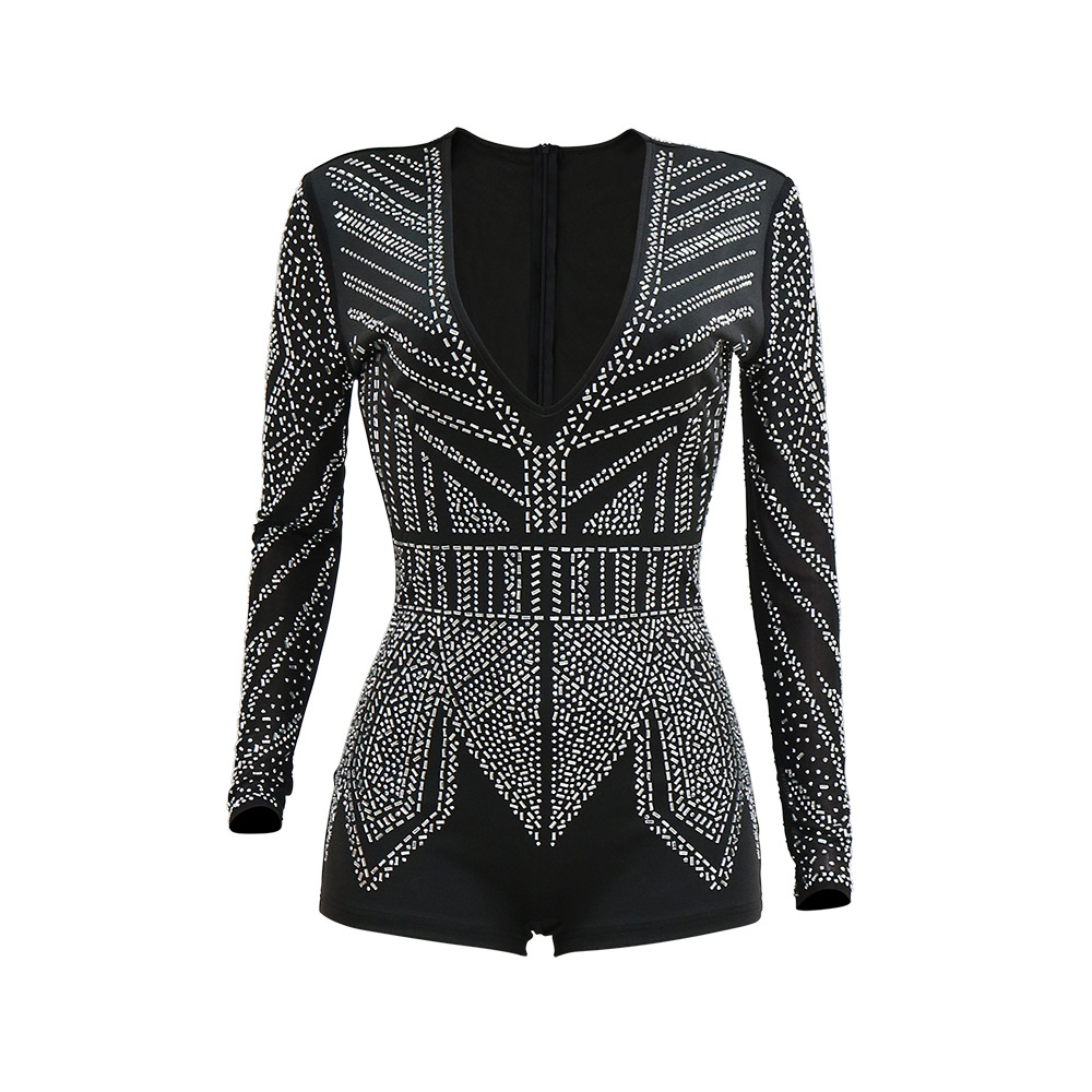 Sexy Deep V Plunge-neck See-through Polyester Mesh Long Sleeve Stitching Straight Slim Fit Bodysuit Women Clothing
