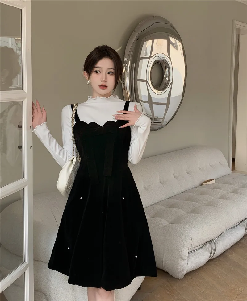 Christmas Two-piece Dress Set Women Solid Sweater A-line Velvet Sleeveless Short Dress Korean Fashion Female Autumn New Outfits