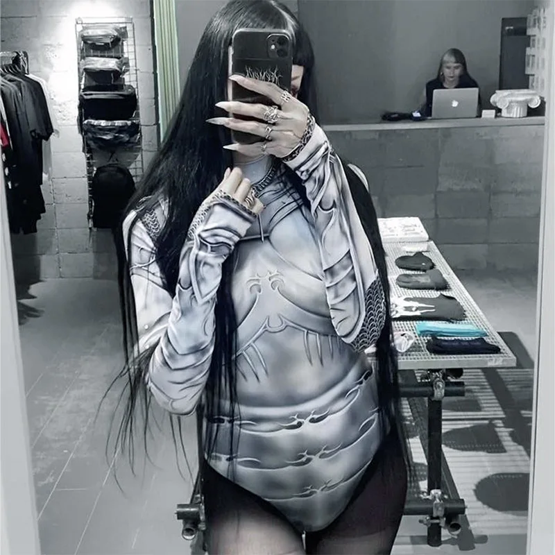 Printed Skinny Sexy Bodysuit Lingerie Gray One-pieces Bustier Long Sleeve Corset Top Streetwear Fashion Trends Women Clothing