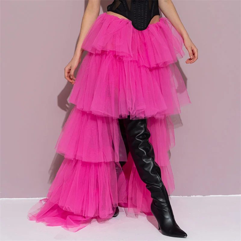 Tulle Skirts Women y2k Solid Color Elastic High Waist Asymmetrical Hem Long Skirts Summer Evening Party Skirt Clubwear