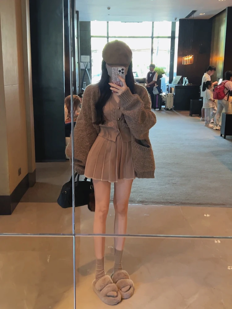 Autumn Knitted Two Piece Skirt Set Women Long Sleeve Single Breasted V-neck Top Mini Pleated Skirt Korean Chic Female Outfit New