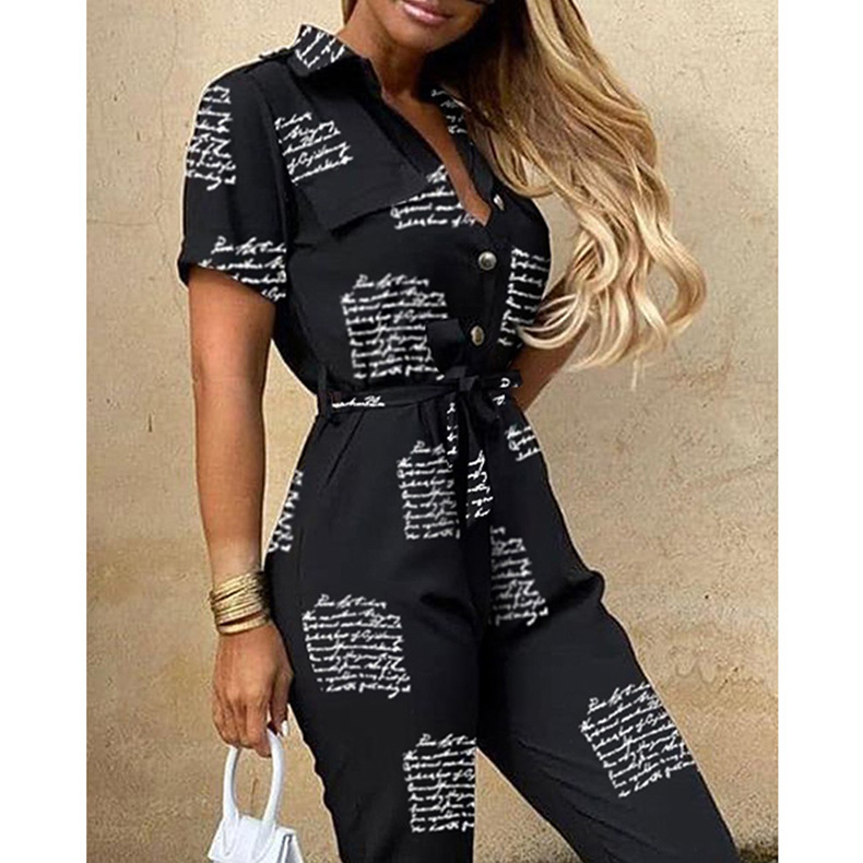Women Clothing Trousers Casual Collared Button Printed Belt Cargo Overalls Plus size