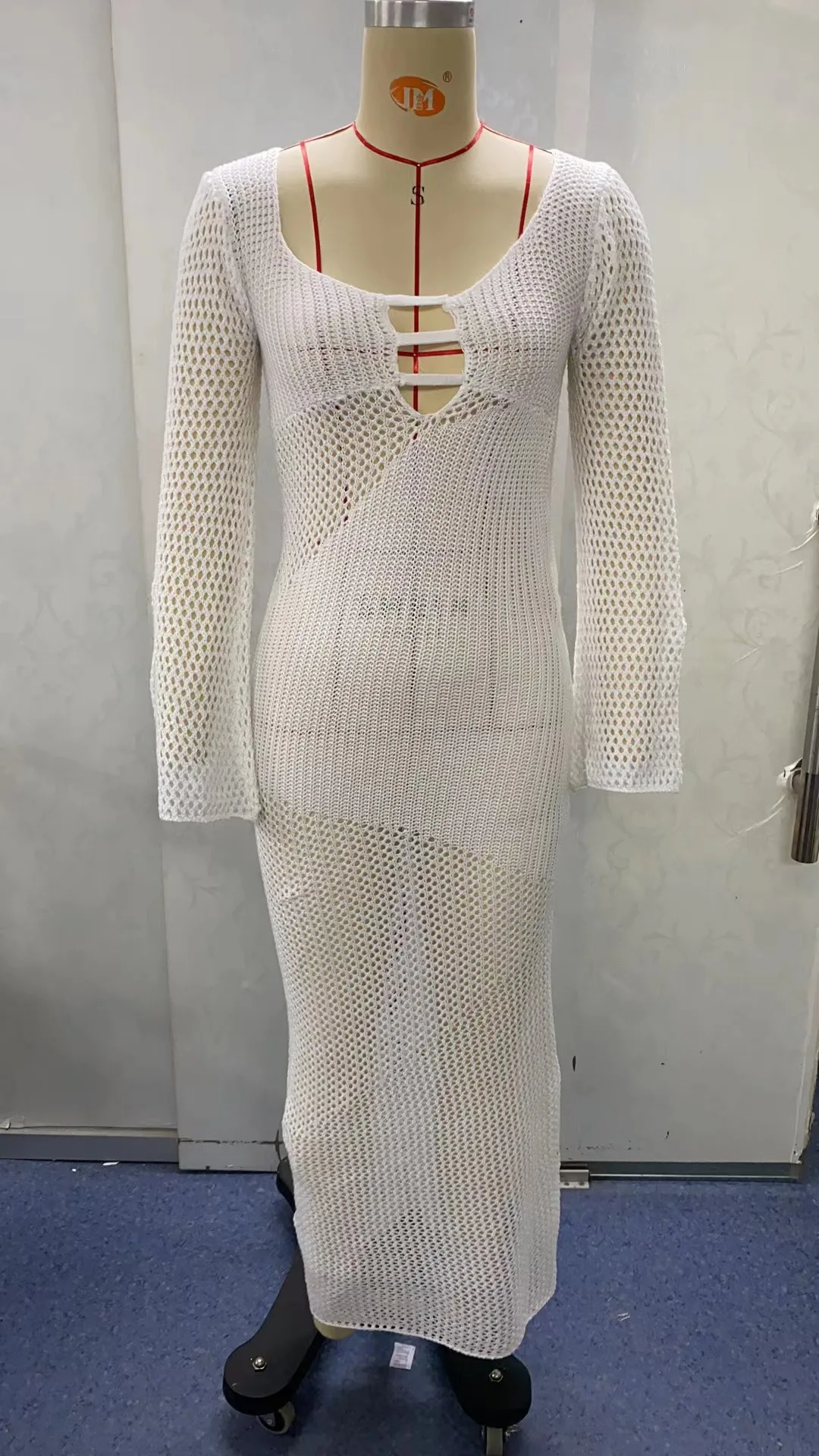 Hollow Out Knit See-Through Maxi Dress Female Patchwork Backless Lace-Up Slim Fashion Beach Holiday Knitwear Women Dress