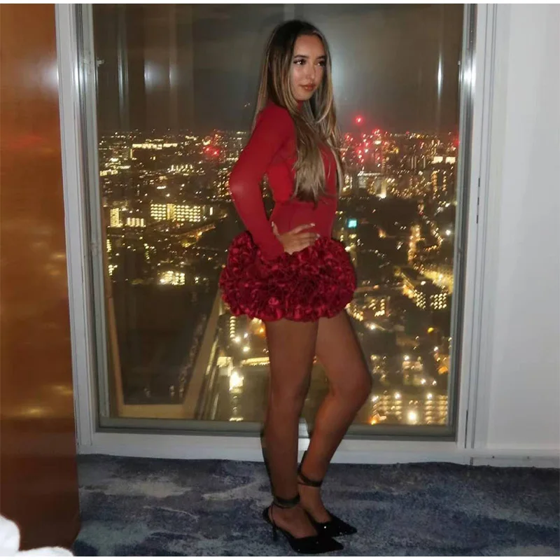 Christmas Red 3D Flowers Skirt Suit Women Bandage Adjustable Tube Top Floral Short Skirt Set Lady Party New in Matching Outfits