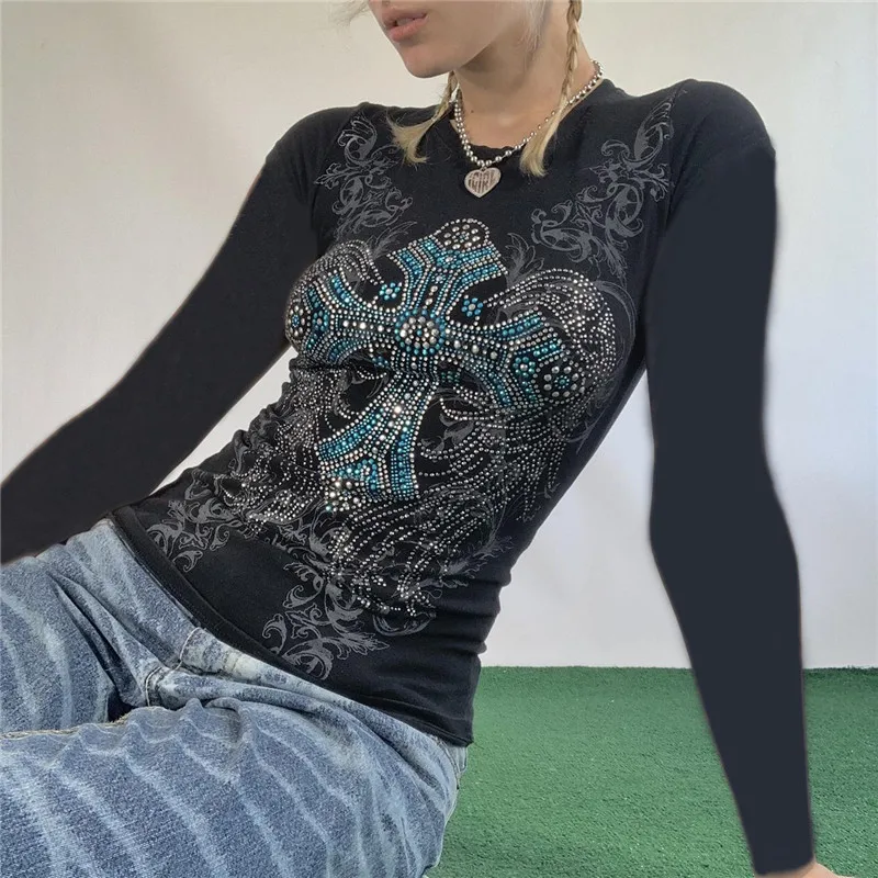 Rhinestone T Shirt y2k Aesthetic Fairy Grunge Cross Wings Pattern Short Sleeve Tops Casual Graphic Tee 2000s Streetwear