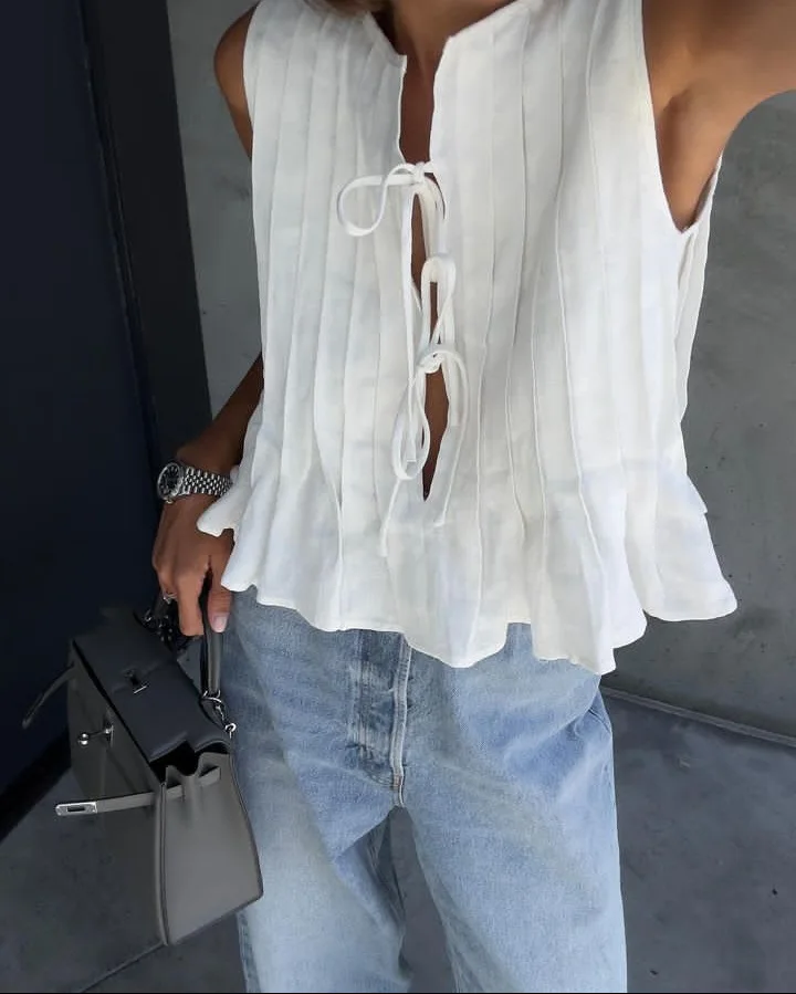 White Bandage Ribbed Tank Top Shirts For Women Hollow Out Sleeveless Slim Summer Fashion Vest Women's Lace-Up Vest Y2k Top