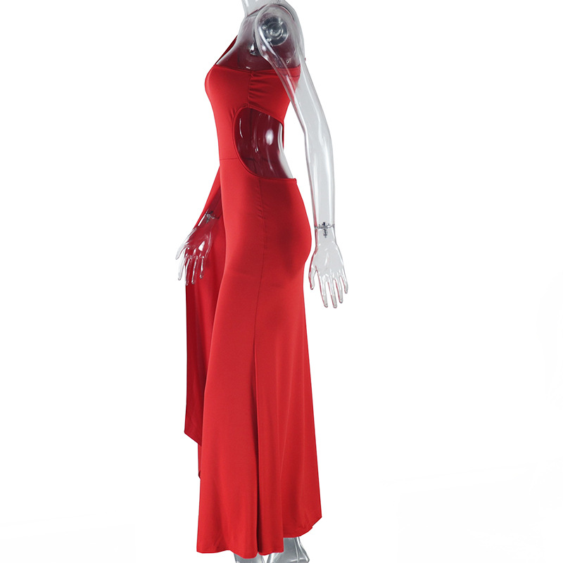 Women Clothing Solid Color Dress Sexy Cold Shoulder Sleeveless Bell Sleeve Hollow Out Cutout out Elegant Dress Dress