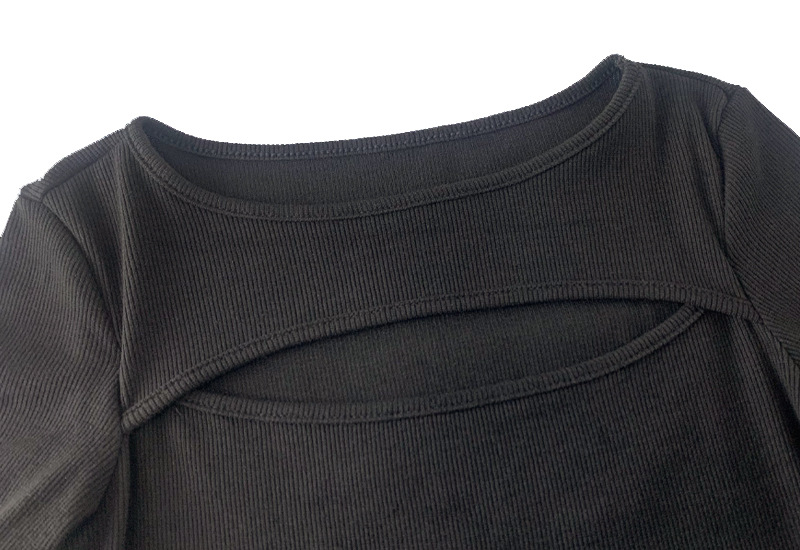 Women Clothing Autumn Winter Chest Hollow-out Long-Sleeved Top Sexy Stretch Rib T-shirt for Women