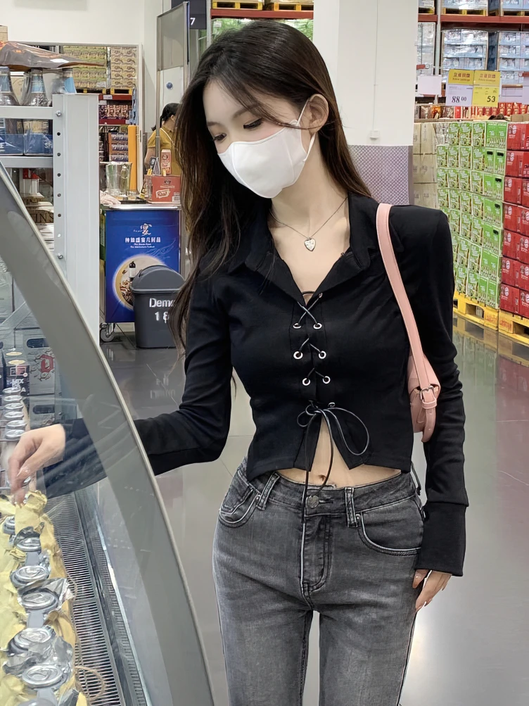 Lace Up Long sleeve Korean Dongdaemun Youth Trend Shirts Blouses Women Autumn Basic Crop Shirt New White Black