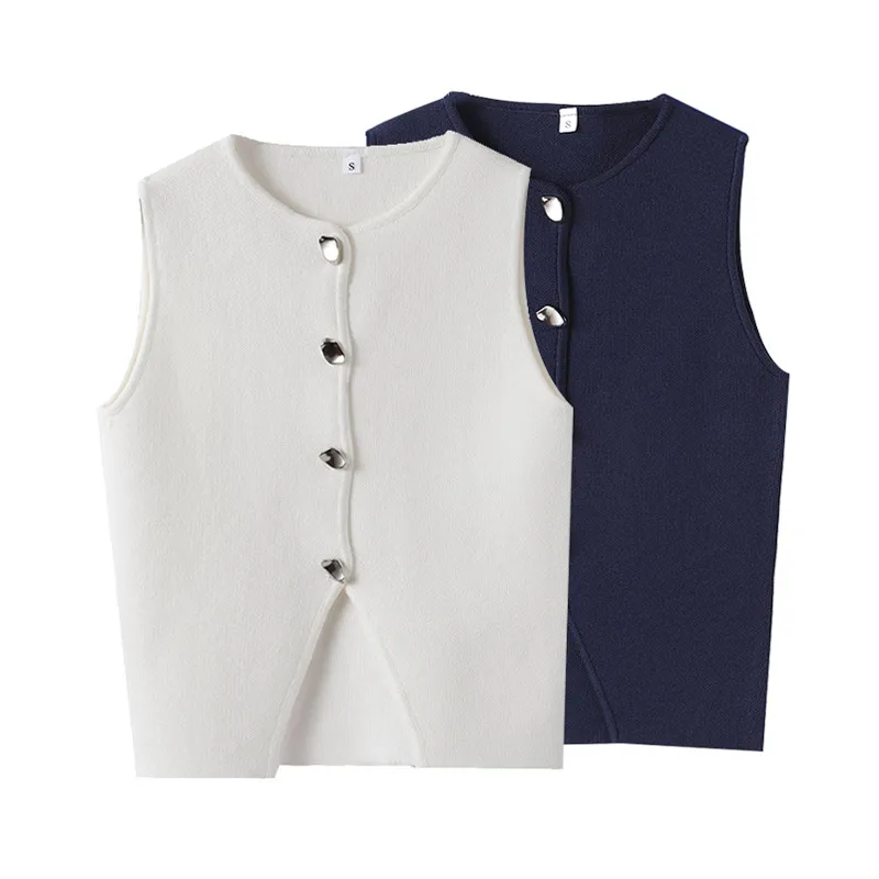 Fashion Knitted Vest Top for Women Short Sleeve V-neck Buttons Loose White Waistcoat Cardigan Female Autumn New in Outwears
